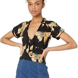 Free People Womens Tie Front Cropped Top SZ S Black Neon Butterflies Y2K